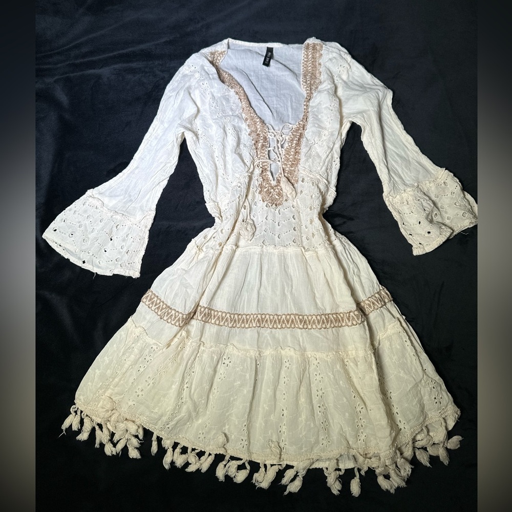 Bohemian Cream Lace Shirt/Dress with Bell Sleeves Size M